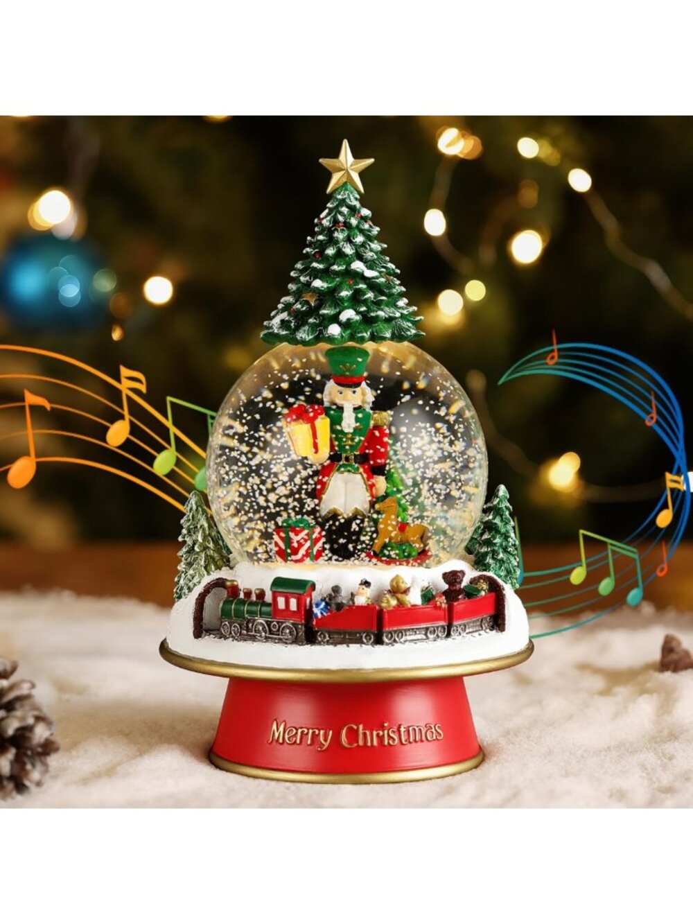 Christmas Snow Globe with Music & Light, Train Base, Nutcracker Decoration